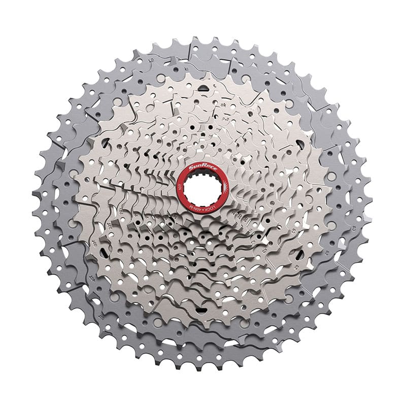 MTB-Kassette 12V x 10/51 Zähne mit rotem Ring aus silbernem Aluminium