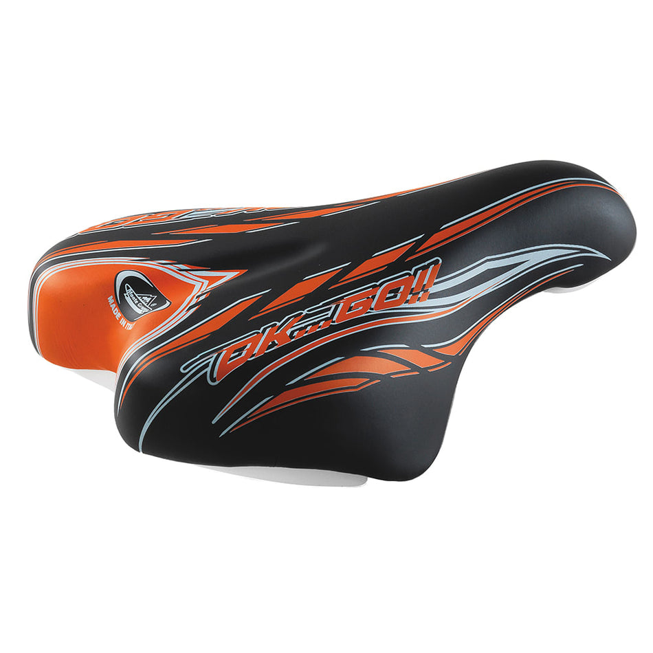 Sattel Junior OK GO 14/16" 210x140mm aus schwarzem/orangem Polyurethan