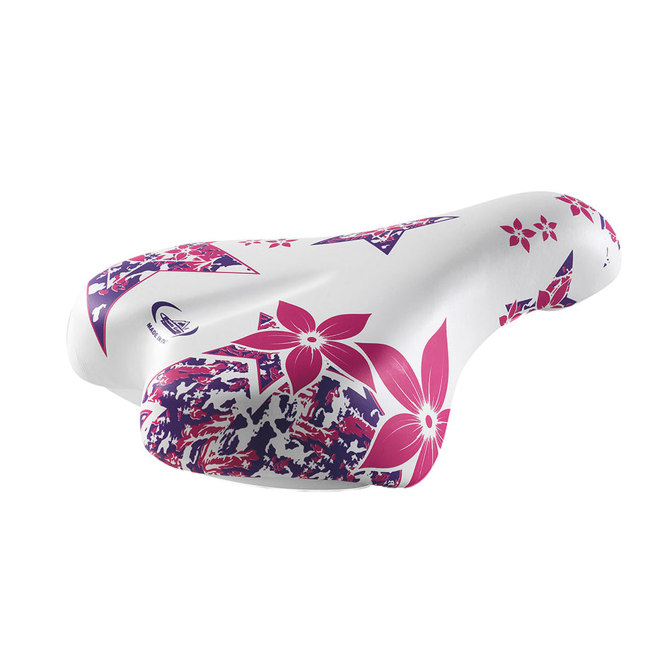 Sattel Junior FLOWER 14/16" 210x140mm aus weißem/rosa Polyurethan