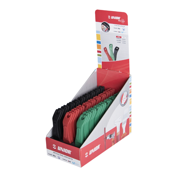 Unior - SET OF 27 PAIRS OF TIRE LEVERS IN DISPLAY STAND. 1657ST-US - BLACK, GREEN, RED