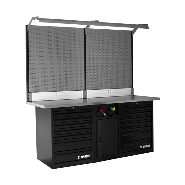 Unior - Complete front empty workbench TECH BENCH 990TB1 with two drawer units, power support, backrest and lights - 2 m