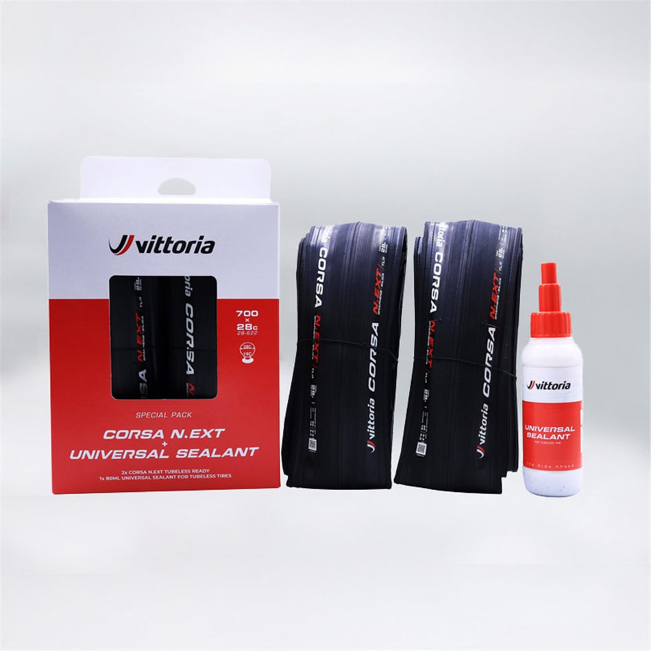 Pack of 2 Vittoria Corsa N.Ext TLR Tires + Universal Tubeless Tire Sealant 80ml